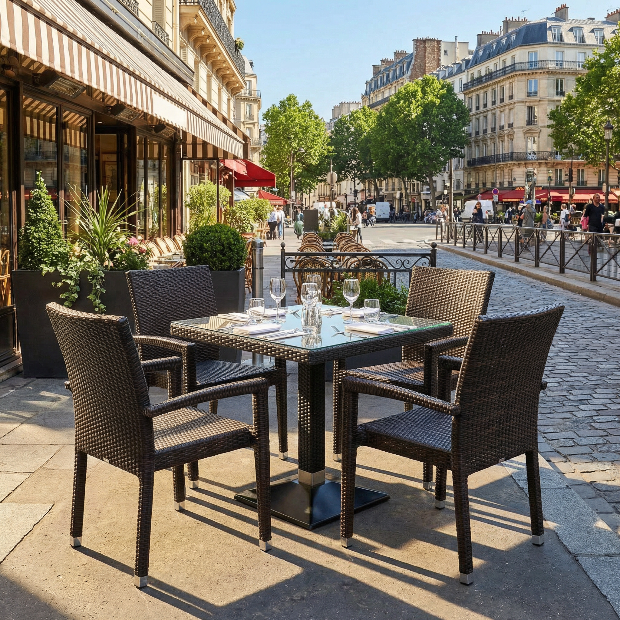 1+4 Zestaw Verona polirattanowe krzesła ogrodowe stół rattanowy sztaplowany w kolorze brązowym